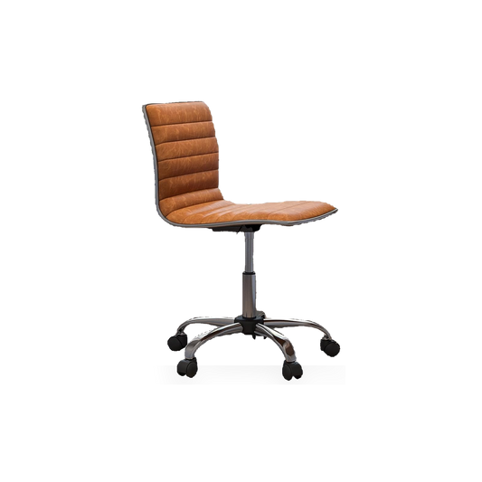 Brown vinyl task chair with chrome frame on a #f3f3f3 studio background
