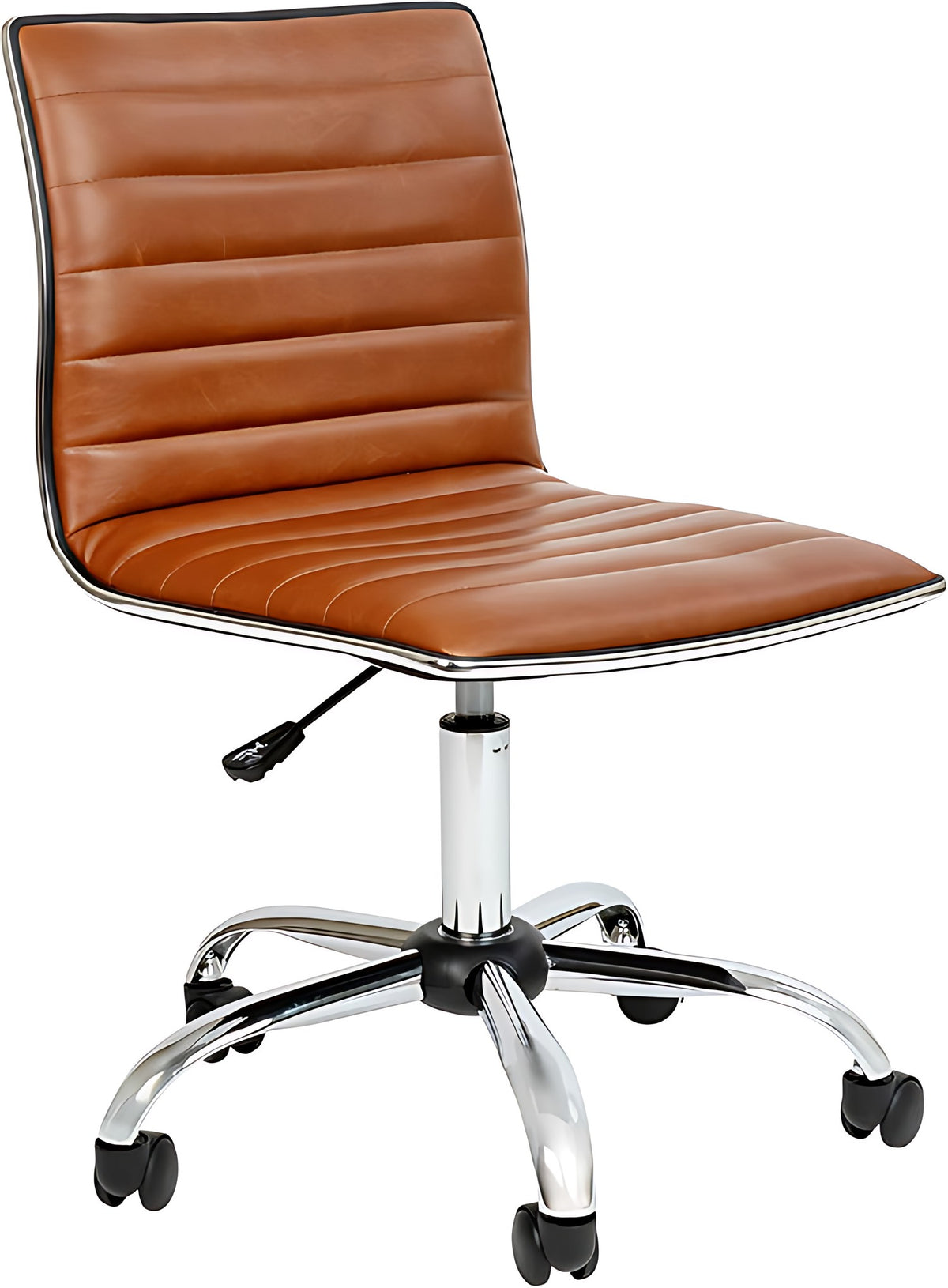 Brown vinyl office task chair with chrome frame, ribbed back and seat, five-star chrome base on casters.