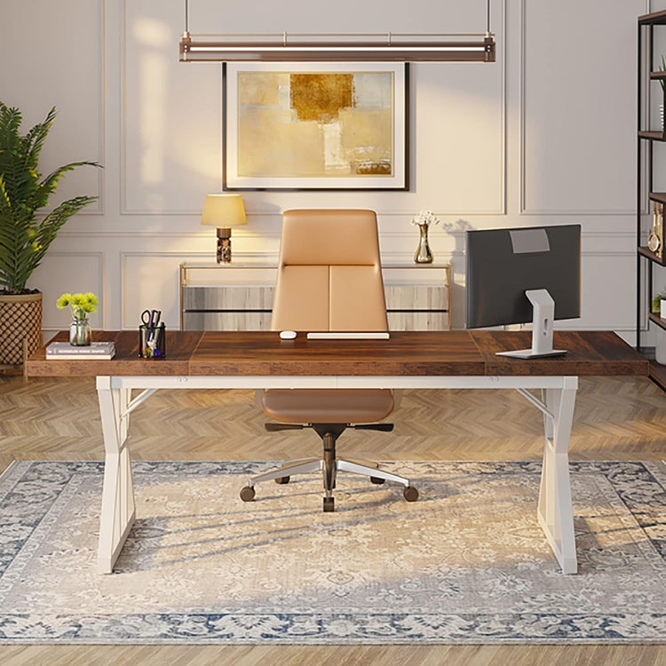 70.8-inch two-tone brown and white executive desk with 70.86 in L x 31.49 in W workspace.