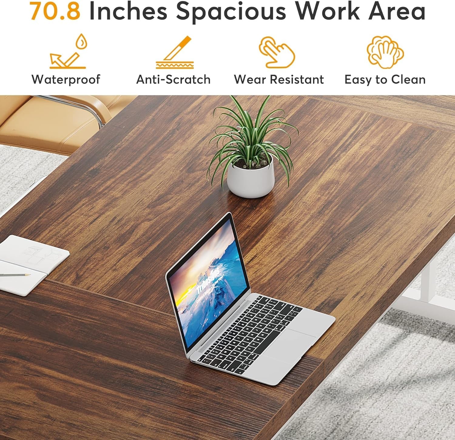 70.8-inch two-tone brown and white executive desk with a maximized 70.86 x 31.49 inch workspace for laptop and monitor.