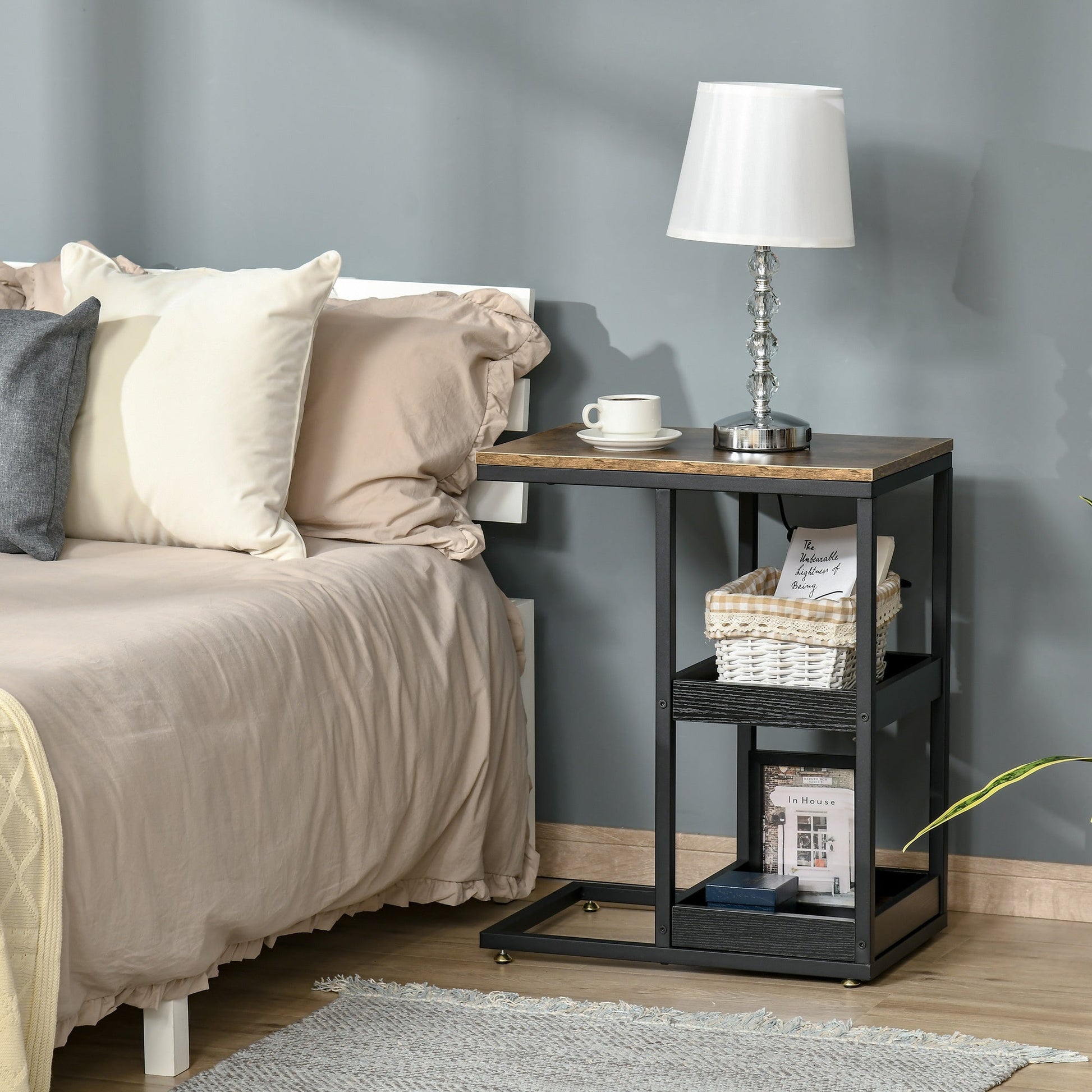 C Shaped End Coffee Table Metal Legs With Stylish Storage 