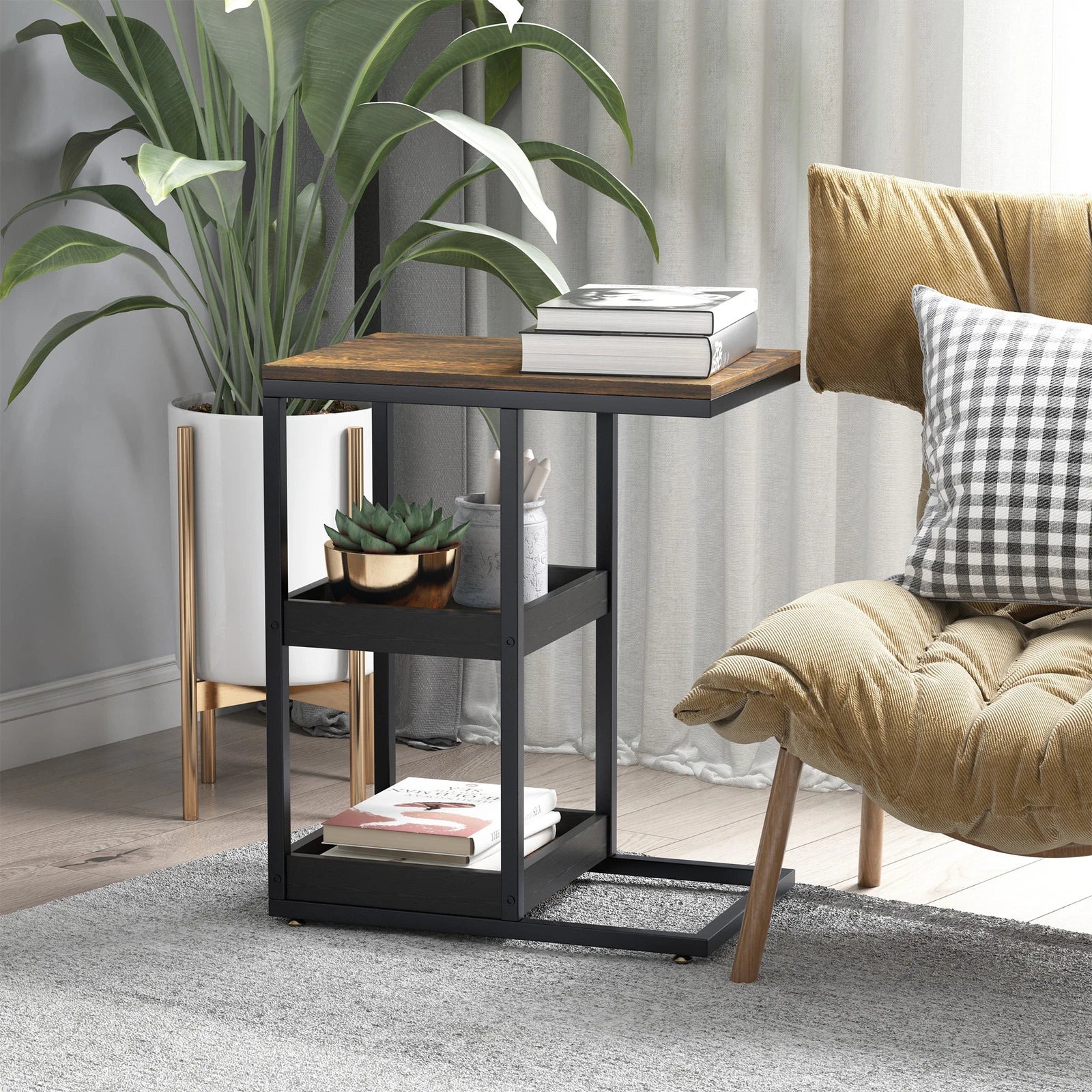 C Shaped End Table Metal Legs With Stylish Storage 