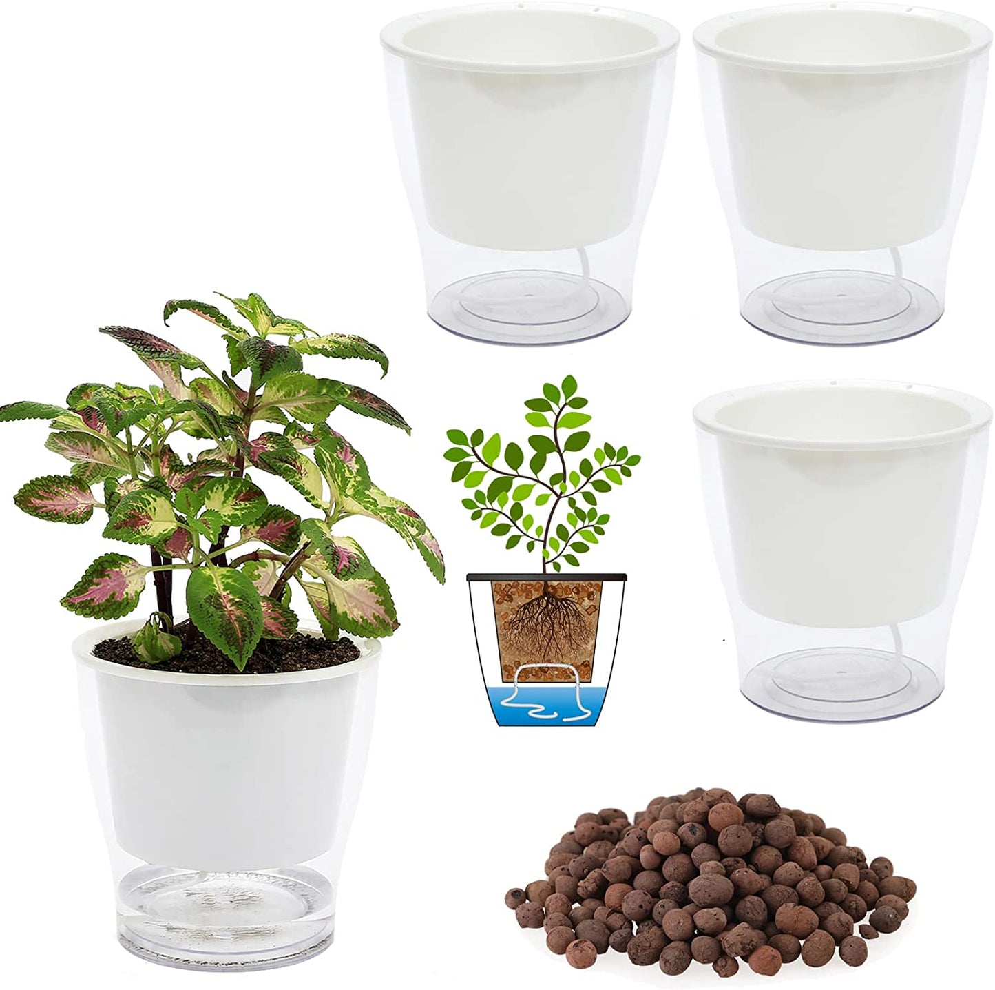 3 Packs 7" Large Clear Self-Watering Planters African Violet Pots Plastic Plant Pots Wicking Flower Pots for Indoor Plants, Herbs, African Violet, Ocean Spider Plant, Orchid Pot, Clear and White