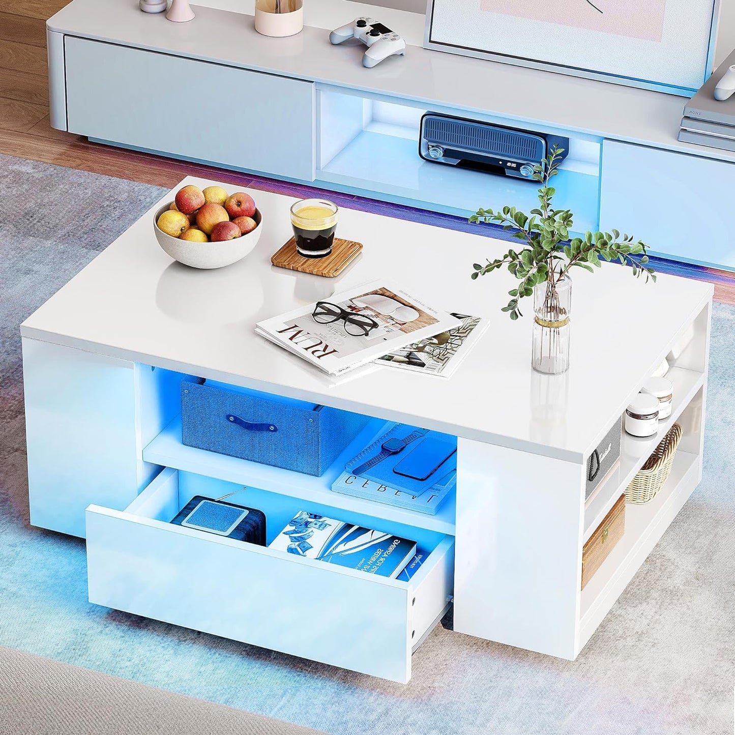 Modern Center Table with Storage and LED Light