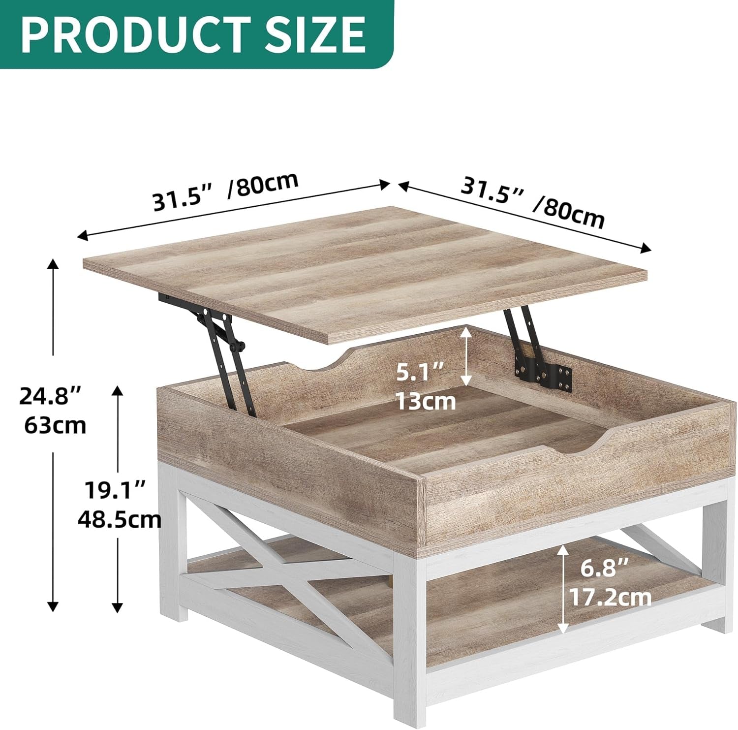 Square Grey Wash Coffee Table for Living Room