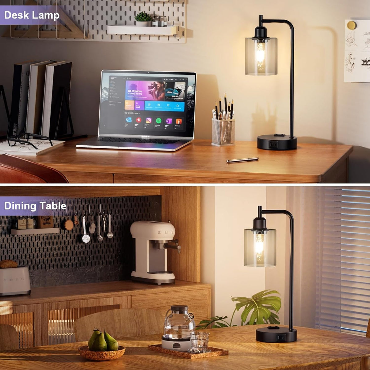 Gray Glass Table Lamps Set of 2 With USB, 3-Way Dimmable