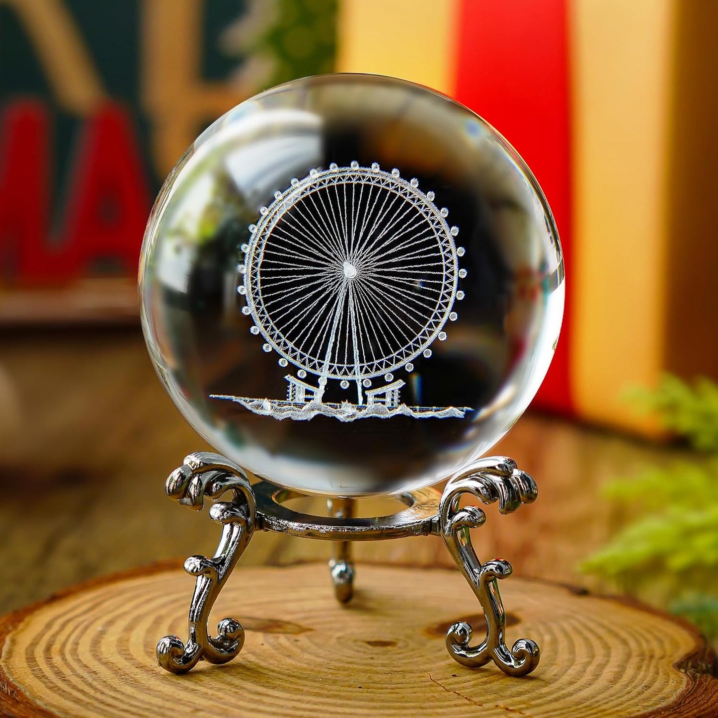 Crystal 2.4 Inch (60Mm) Carving Lotus Crystal Ball with Sliver-Plated Flowering Stand,Fengshui Glass Ball Home Decoration