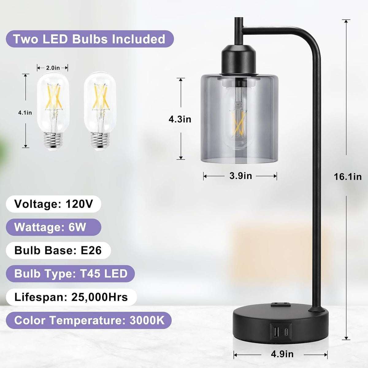 Gray Glass Table Lamps Set of 2 With USB, 3-Way Dimmable