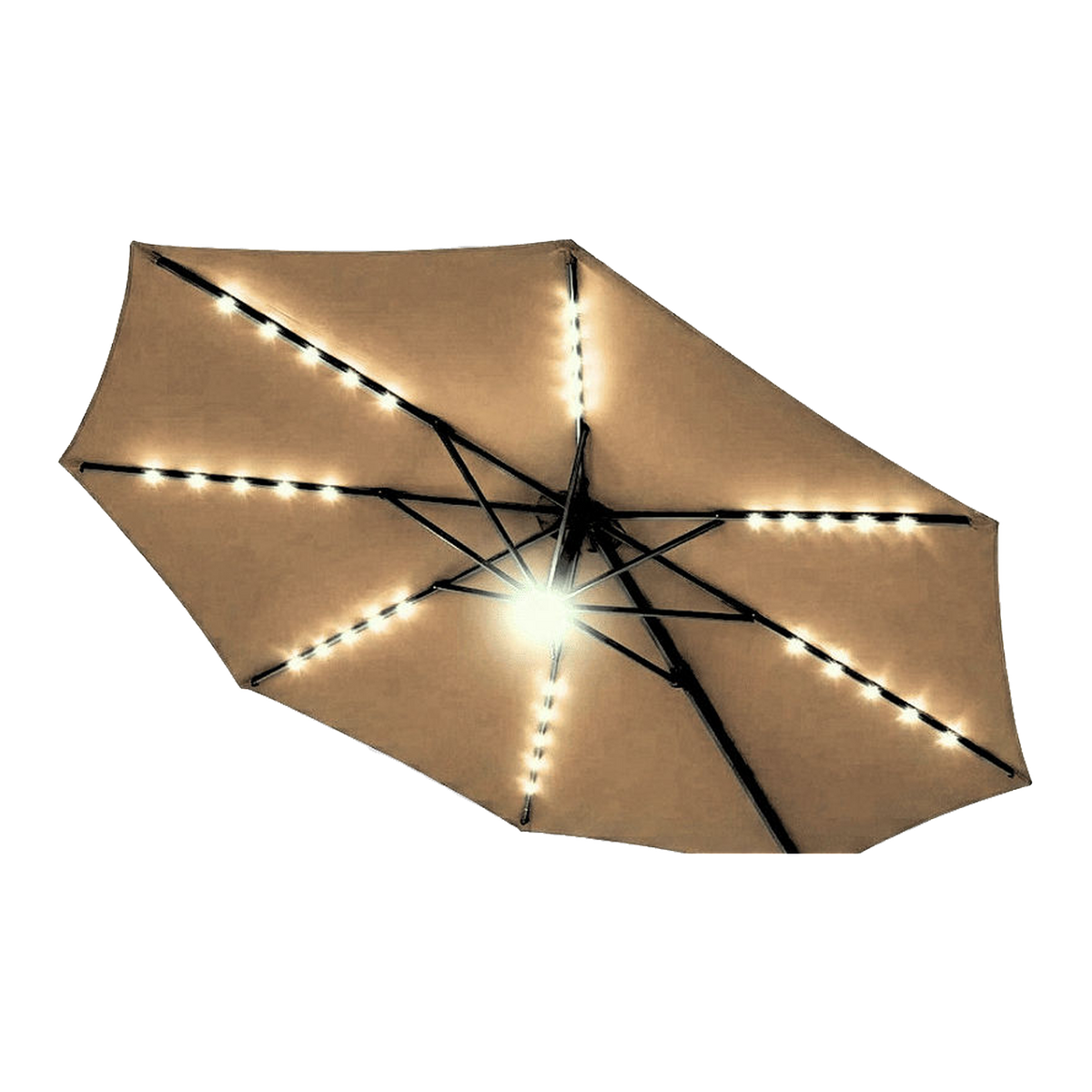 Close-up of the canopy underside with LED strips lit along each rib and the hub light (close-up detail)