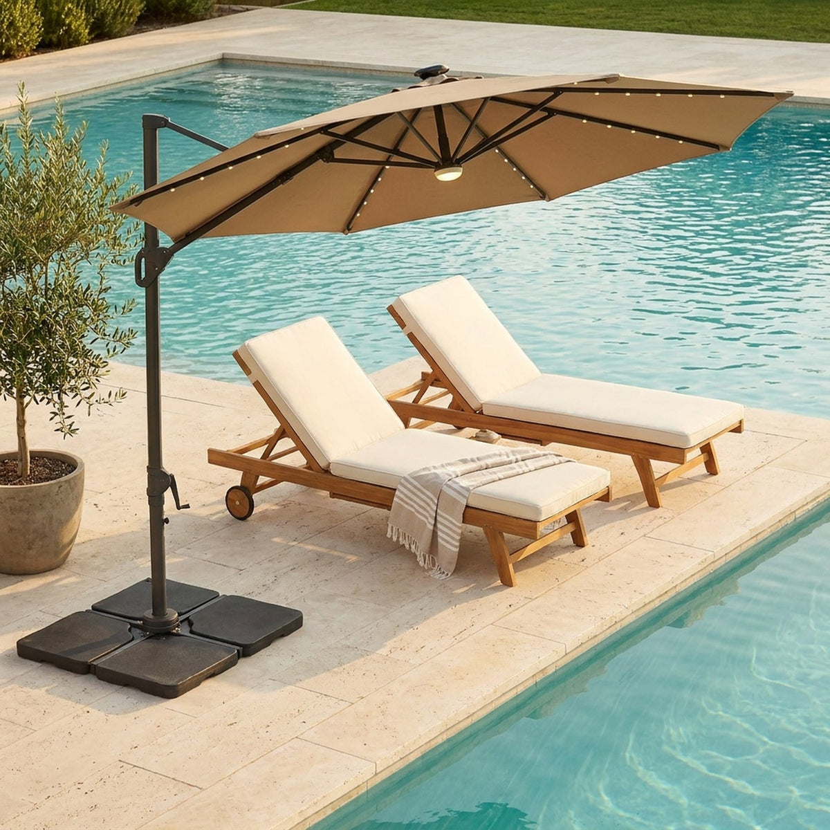 Closer view of the umbrella at the pool corner, its canopy hanging from the side arm over the loungers