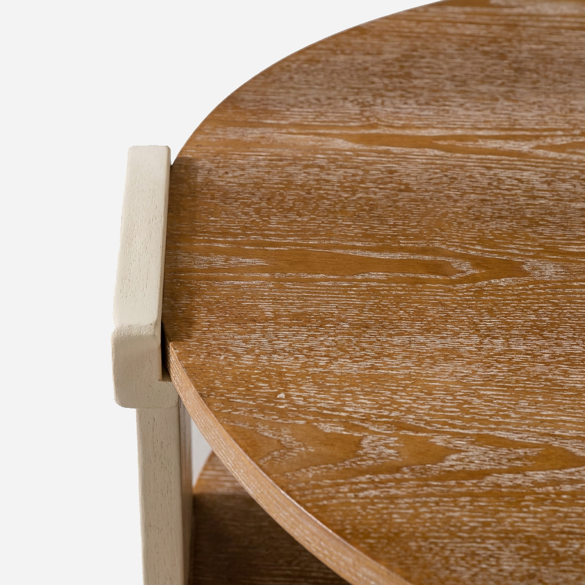 Close-up of the limed oak tabletop with its cream corner cap