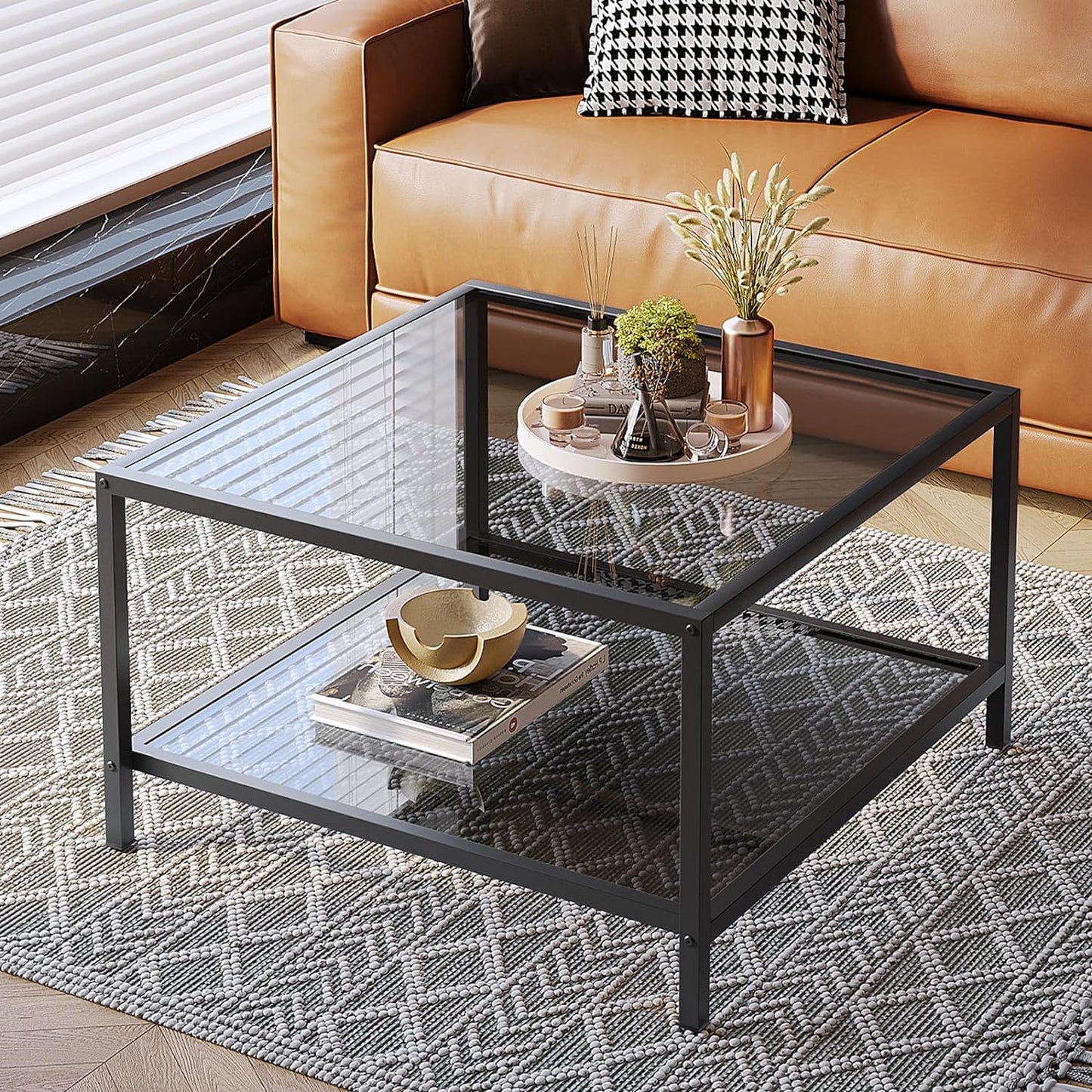 Coffee Table with Storage Modern Glass Coffee Tables Square Industrial Simple Center Table for Living Room Home Office Small Space 27.6 X 27.6 X 17.7 Inches Easy Assembly Gray Black