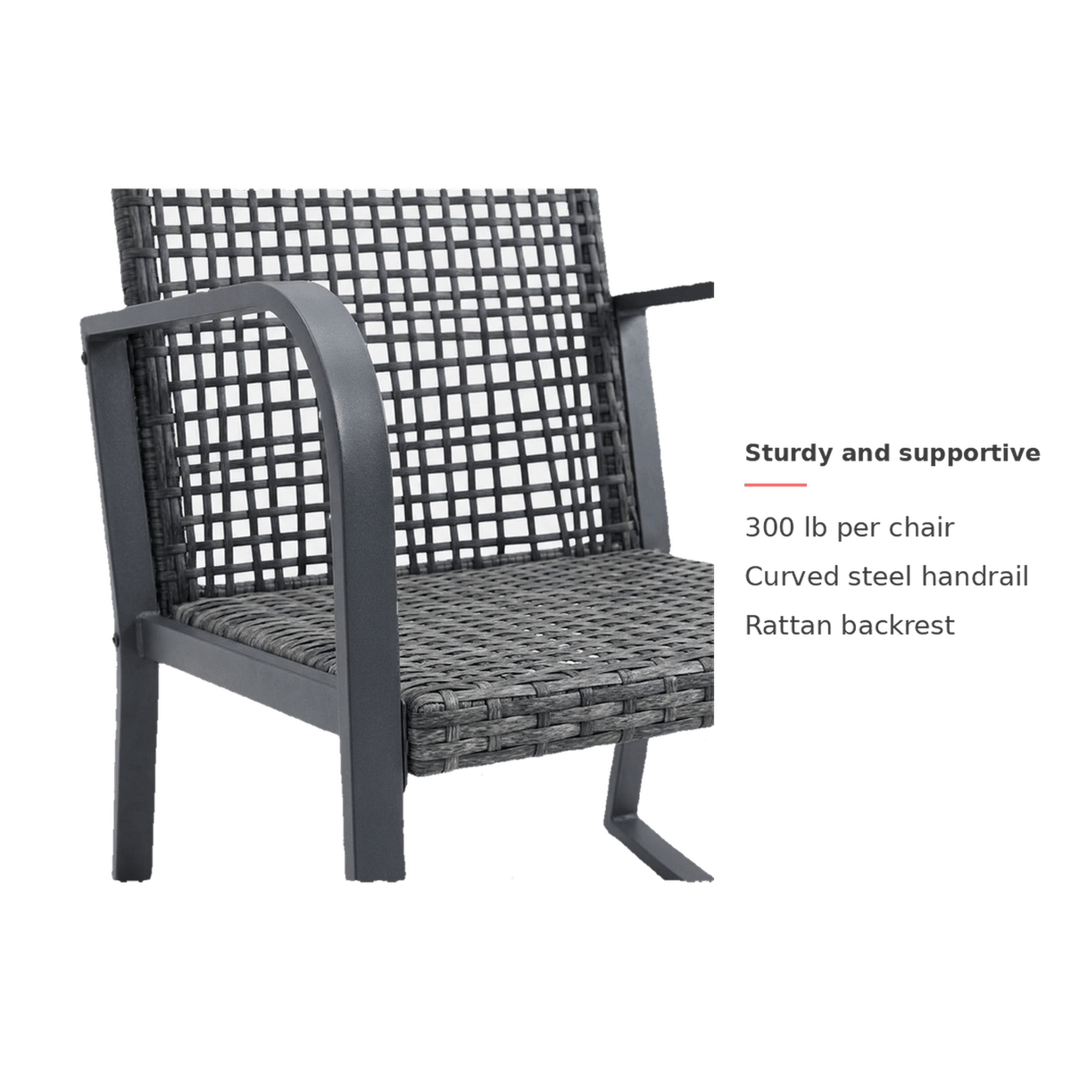 Armchair detail with the text Sturdy and supportive, 300 lb per chair, curved steel handrail, rattan back (feature callout)