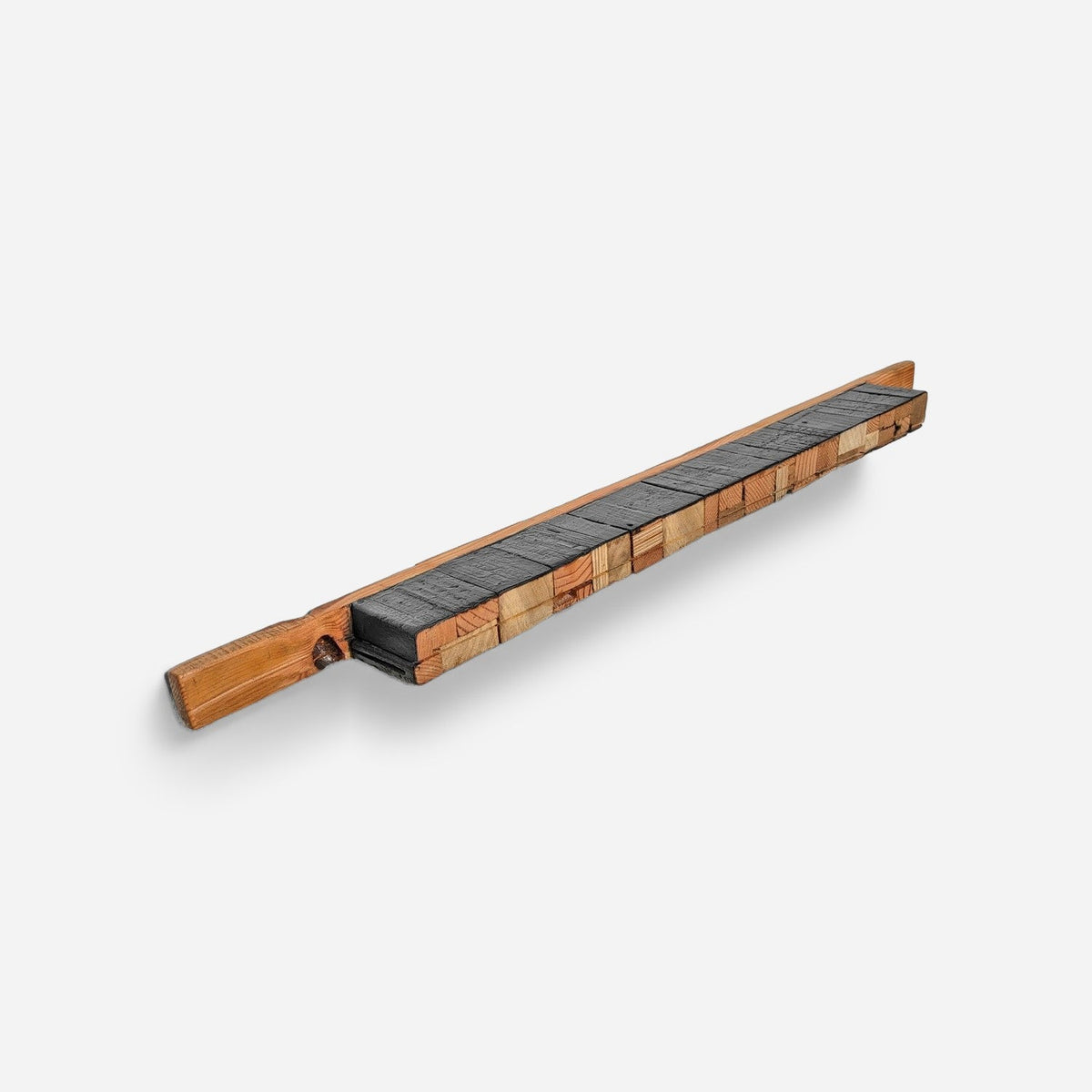 Charred wood wall art, 48 inch linear strip sculpture, angled view