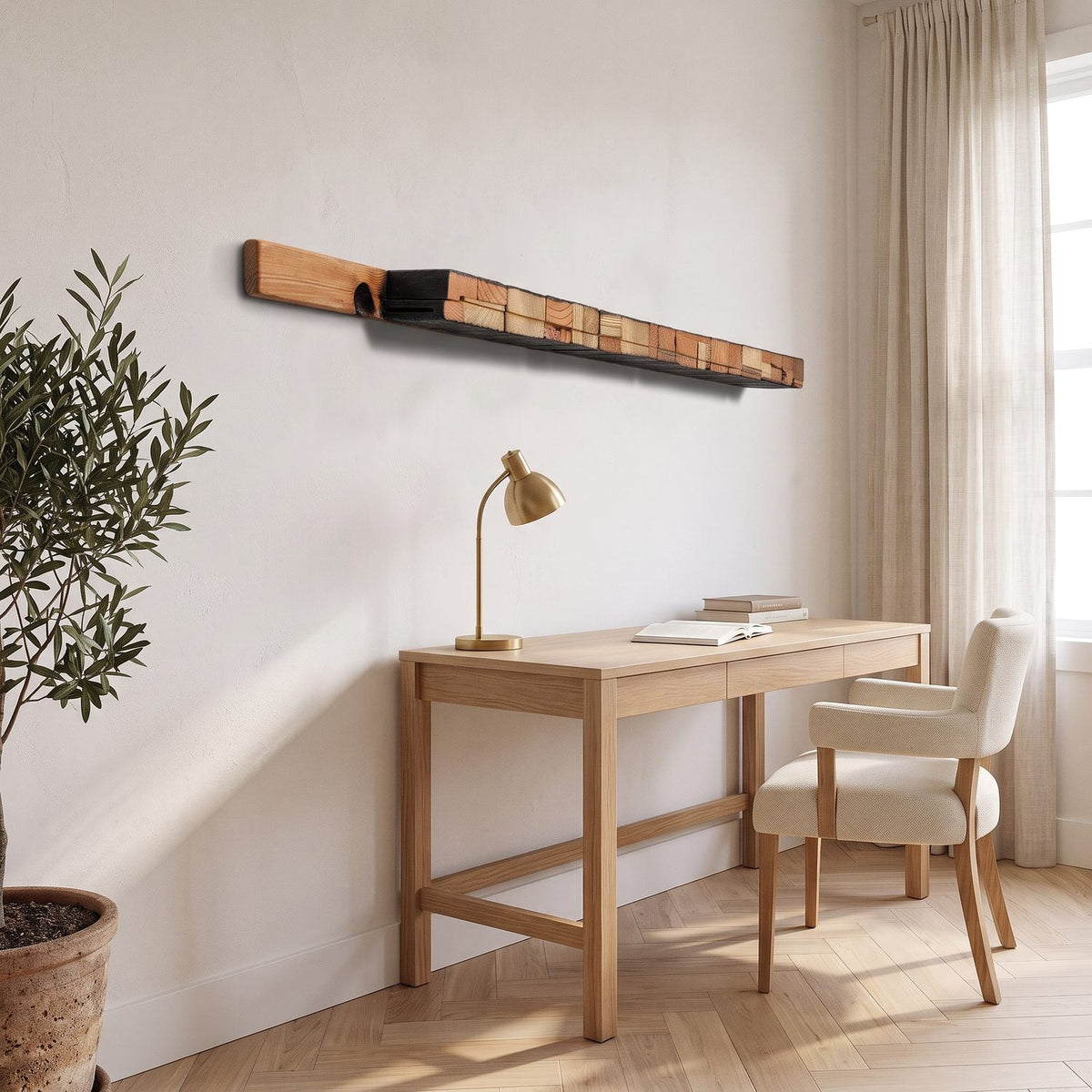 Charred wood wall art in a home study, closer view from the side