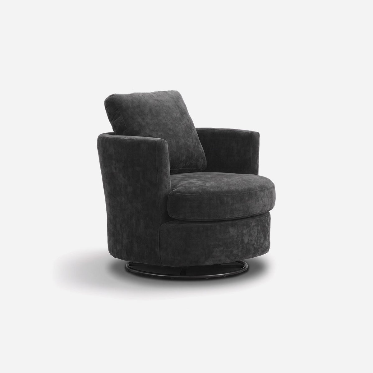 Black chenille swivel chair turned to show the curved barrel back and side profile