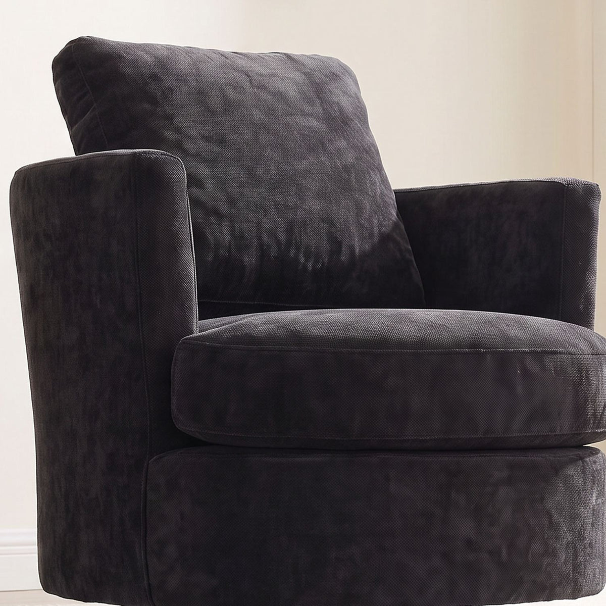 Close-up of the black chenille back pillow and removable seat cushion