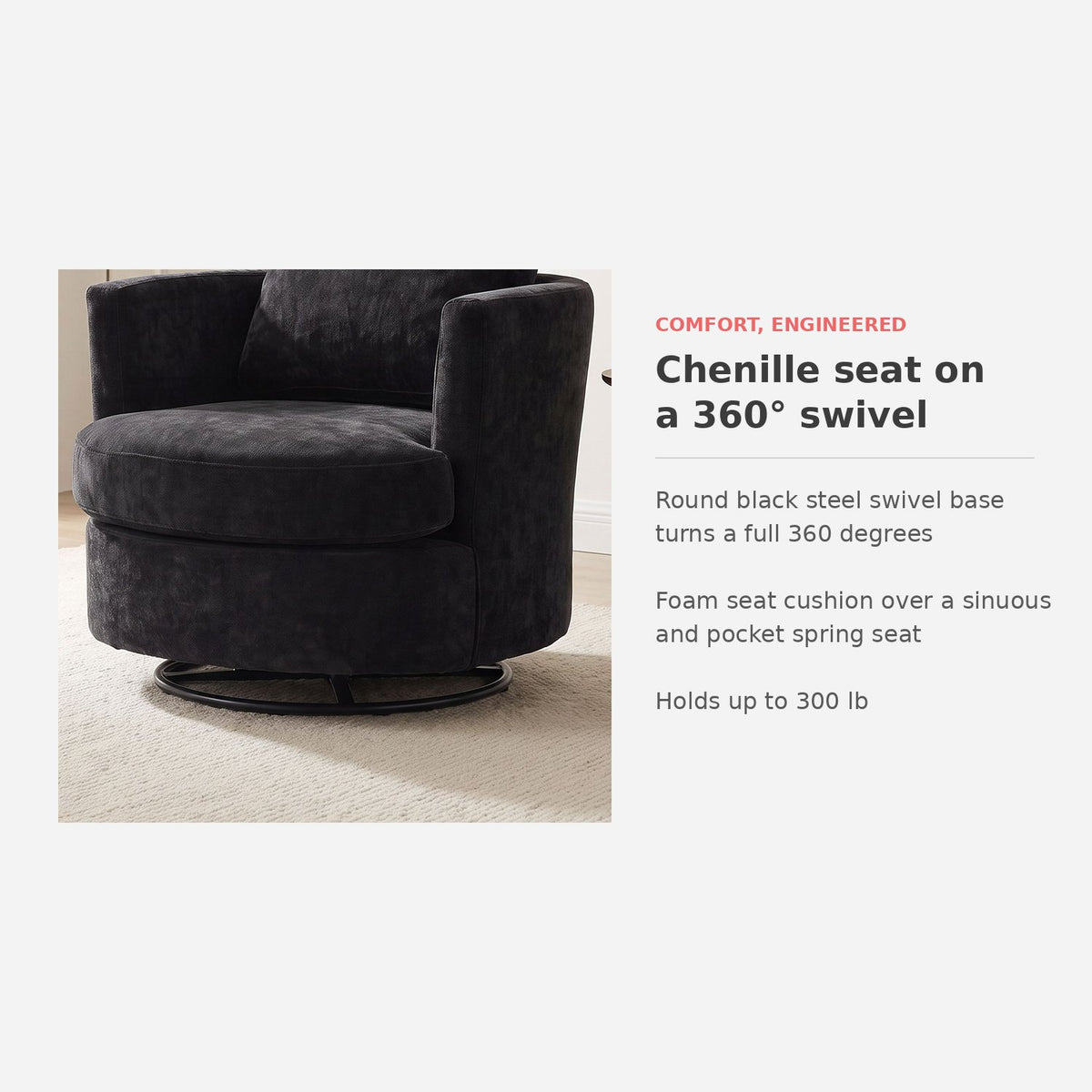 Chenille swivel chair comfort details: 360 degree swivel, spring seat, 300 lb capacity (feature callout)
