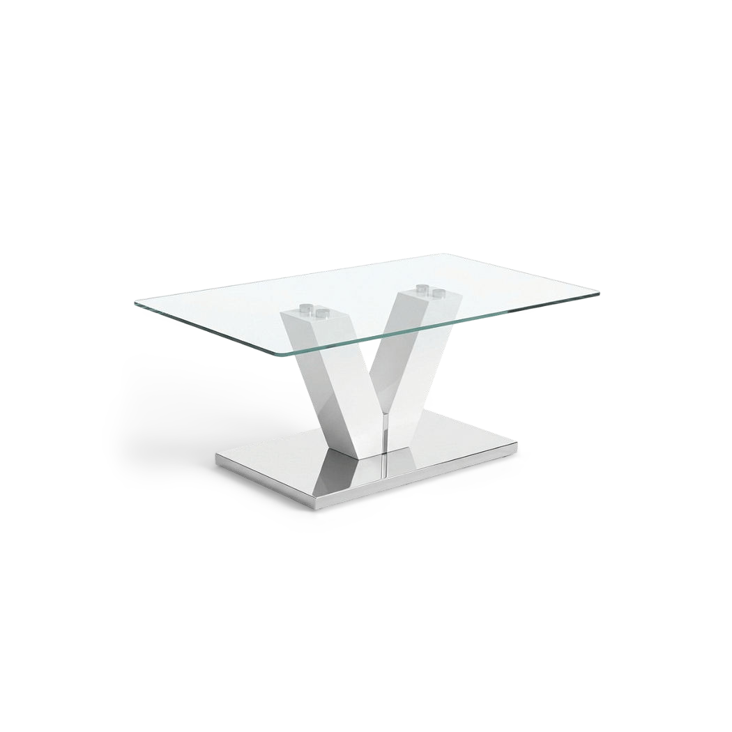 V shaped coffee table base in white high-gloss with a mirror chrome plate, three-quarter angle