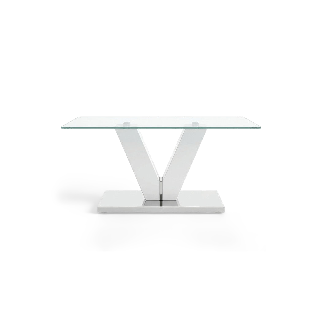 Chrome glass coffee table with white V-shaped pillars and a clear tempered glass top, front view