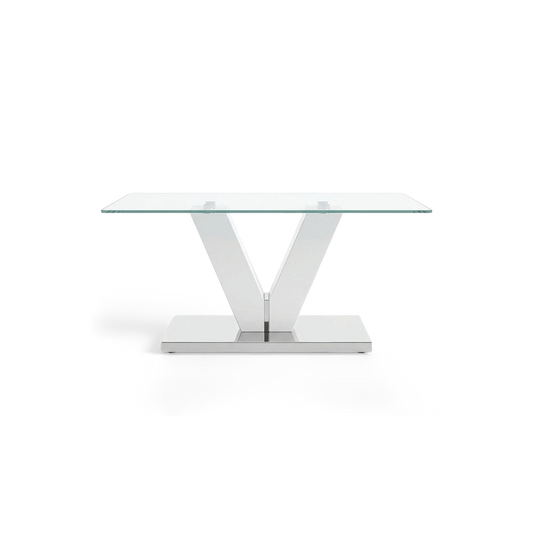 Chrome glass coffee table with white V-shaped pillars and a clear tempered glass top, front view