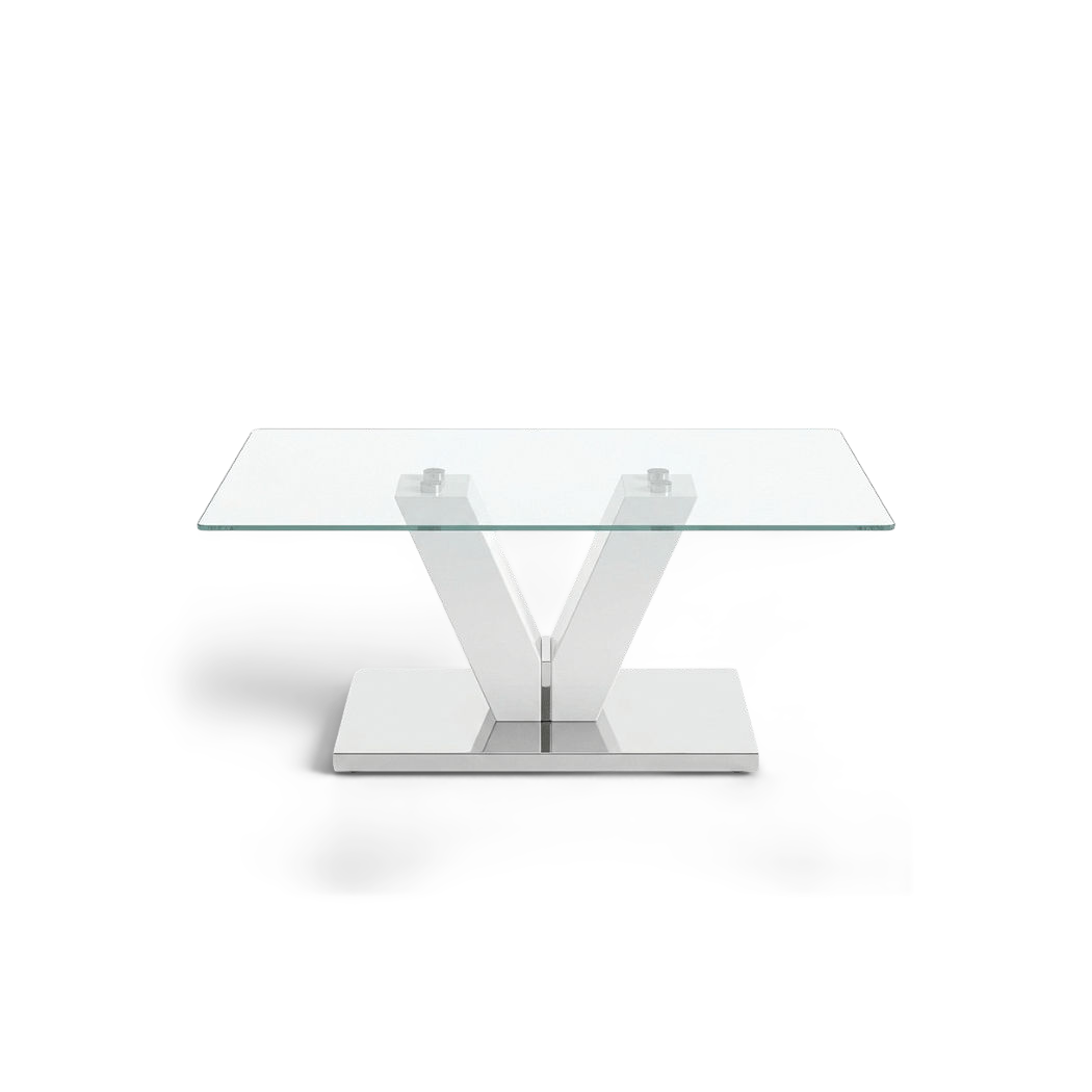 Chrome glass coffee table showing the white V pillars and chrome suction pads under the glass