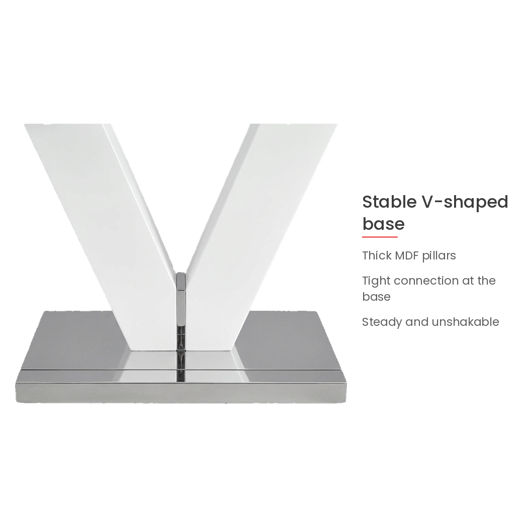 Stable V-shaped base with thick MDF pillars and a tight chrome connection (feature callout)