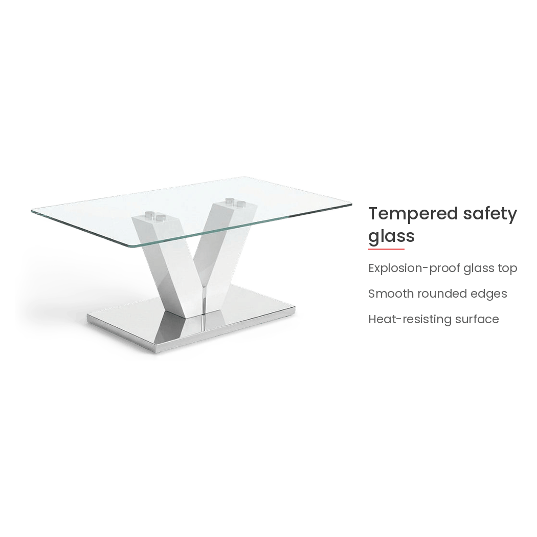 Tempered safety glass top with smooth rounded edges on the chrome glass coffee table (feature callout)