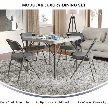 Set of two easy-fold guest chairs with padded fabric seats and a slim profile for compact storage in apartm (feature callout)