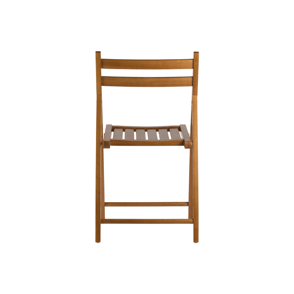 Compact foldable chair made from genuine solid teak; space-saving portable seating that folds flat for easy storage in small apartments or narrow decks.