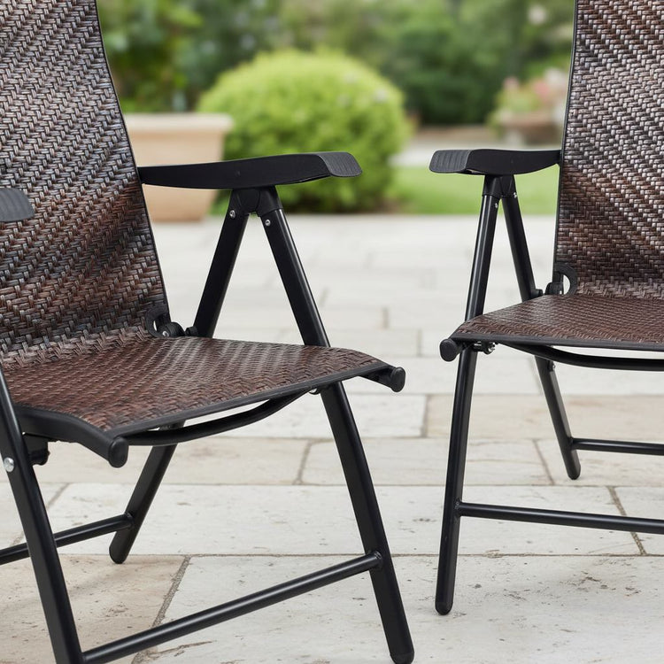 Folding dark brown PE rattan patio chair with powder-coated steel frame and adjustable seating positions for compact storage.