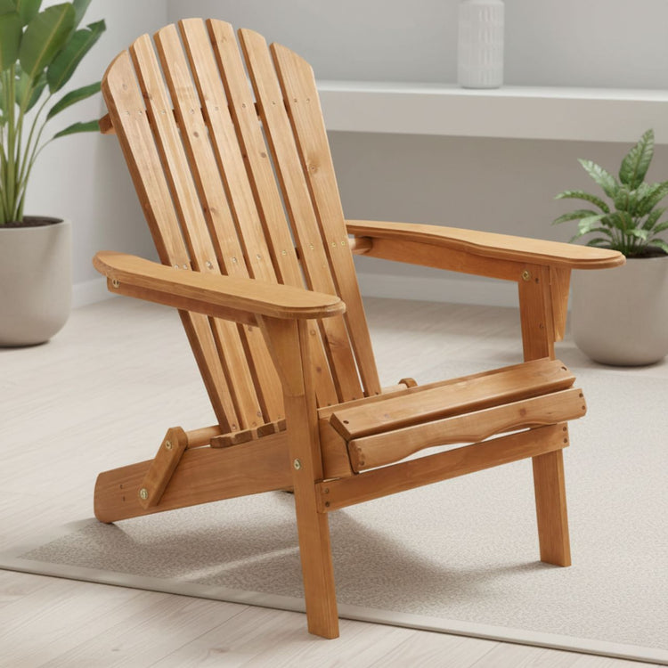 Space-saving folding Adirondack chair; portable outdoor lounge chair that folds flat for storage.