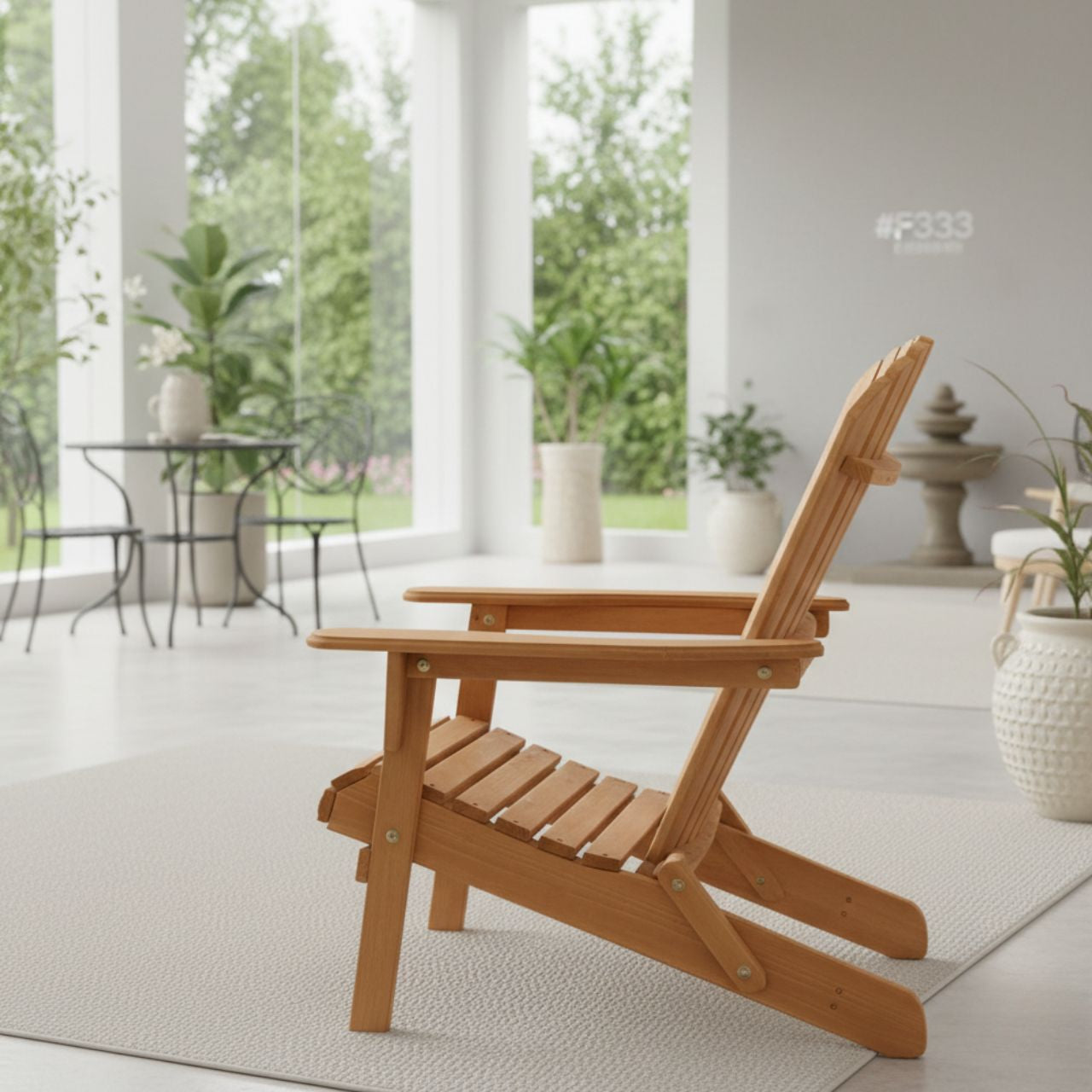 Compact folding Adirondack chair set in solid Hemlock, lightweight pair ideal beside doorway or balcony railing.