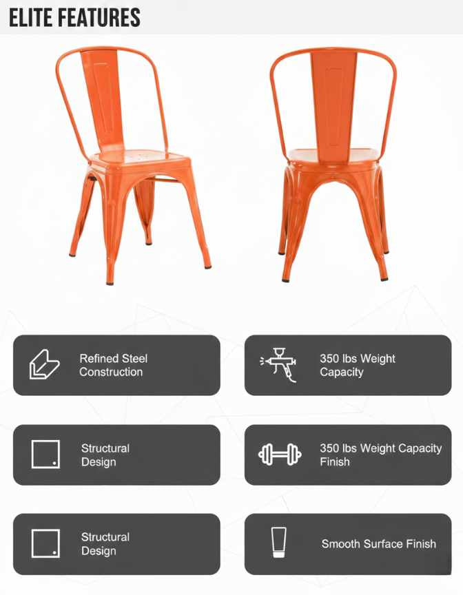 Vibrant rust stackable metal dining chairs for small spaces, blending industrial edge with farmhouse warmth.