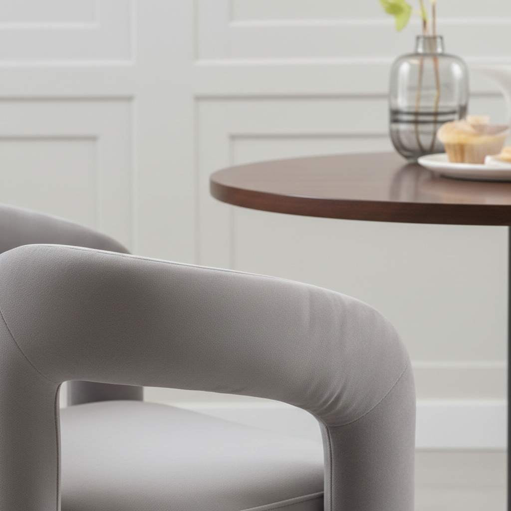 Velvet Dining Armchairs with curved backs in plush grey upholstery beside a round wooden table.