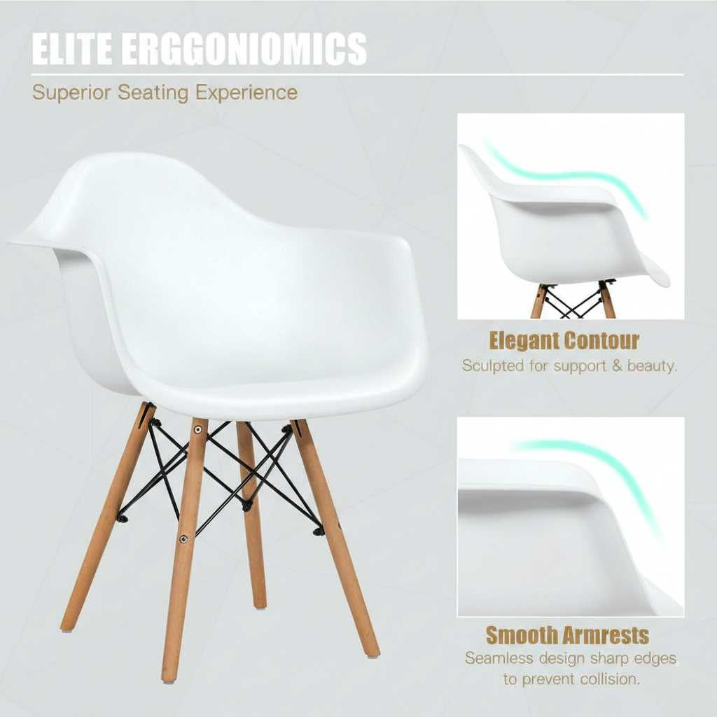 Set of 2 mid-century modern white molded dining arm chairs with wooden legs and black metal cross supports.