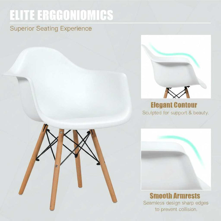 Set of 2 mid-century modern white molded dining arm chairs with wooden legs and black metal cross supports.