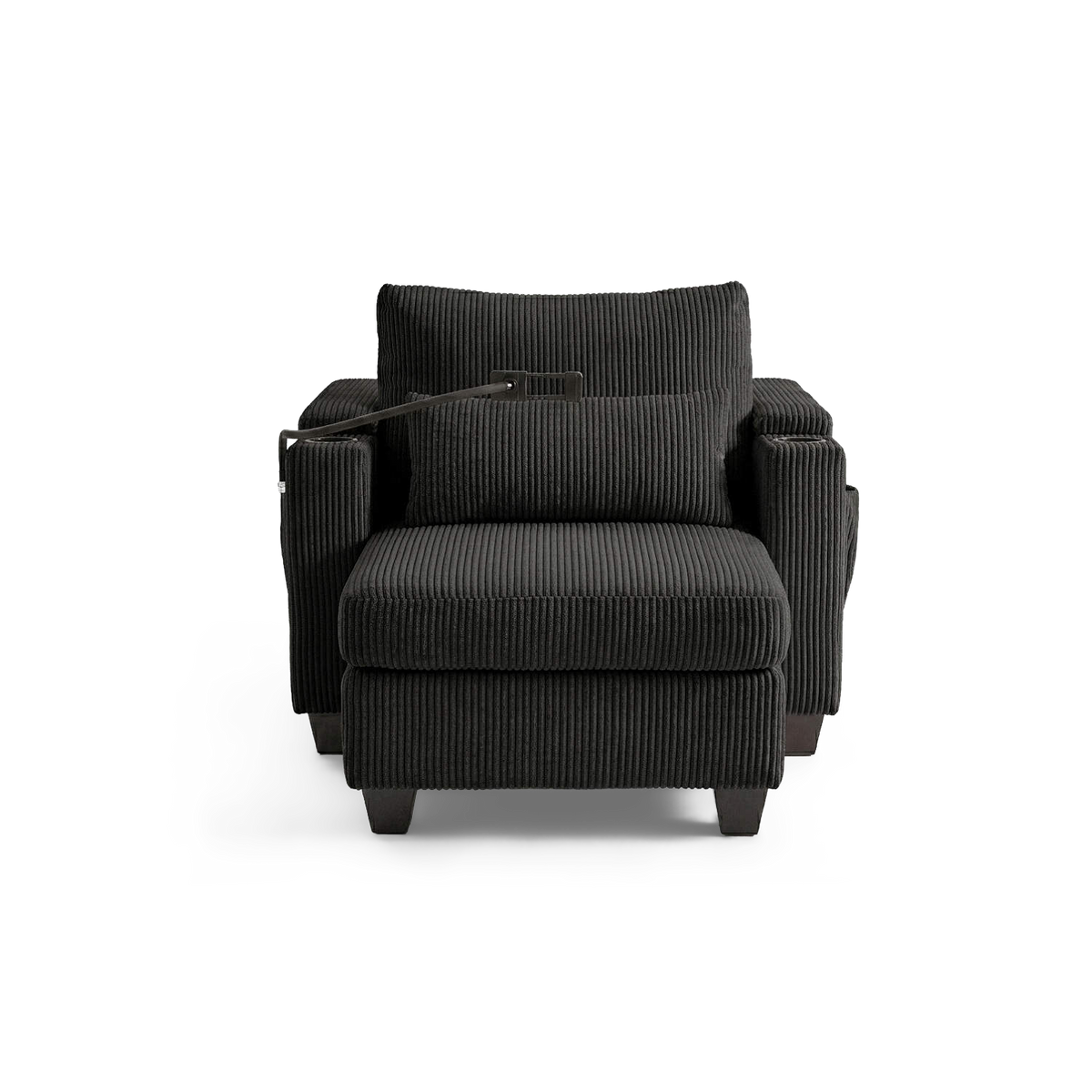 Black corduroy convertible chaise lounge chair with USB ports and cup holders, front view (plain studio)