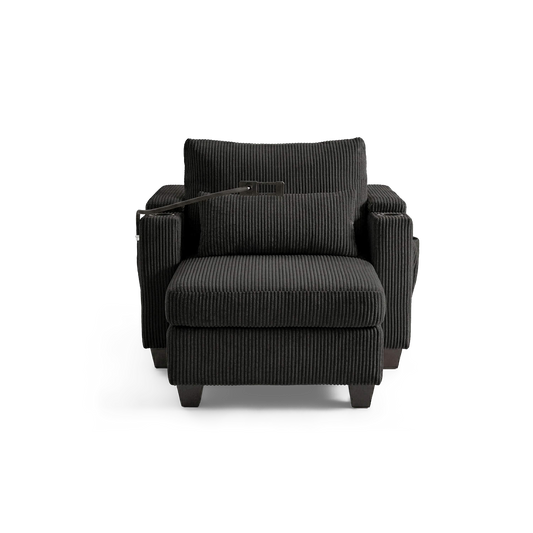 Black corduroy convertible chaise lounge chair with USB ports and cup holders, front view (plain studio)