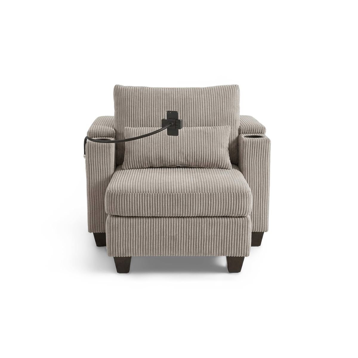 Brown corduroy convertible chaise lounge chair with USB ports and cup holders, front view (plain studio)
