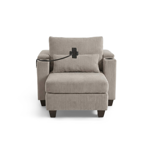 Brown corduroy convertible chaise lounge chair with USB ports and cup holders, front view (plain studio)
