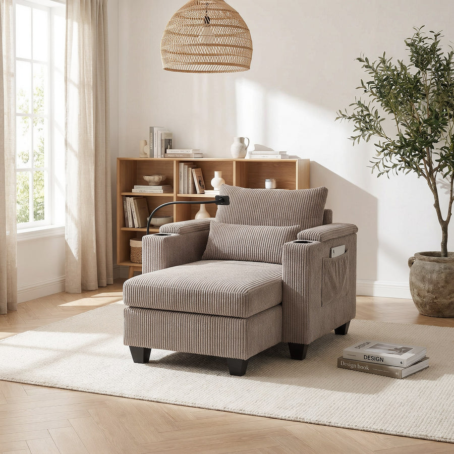 Convertible Chaise Lounge Chair, Corduroy, USB Ports & Cup Holders