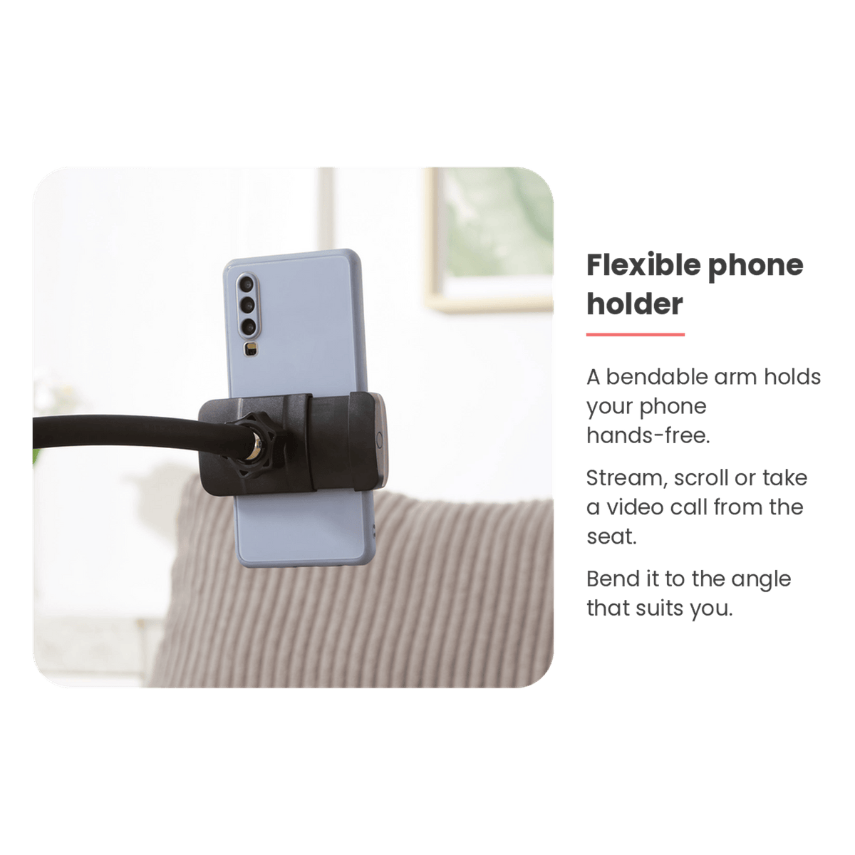 Flexible phone holder feature of the convertible chaise lounge chair (feature callout)