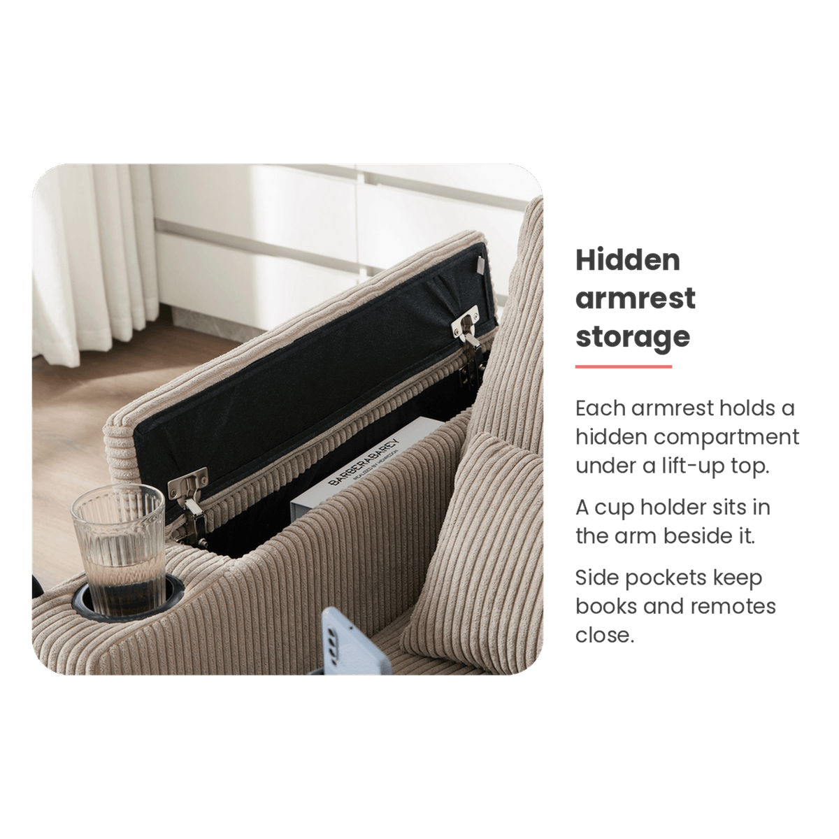 Hidden armrest storage feature of the convertible chaise lounge chair (feature callout)