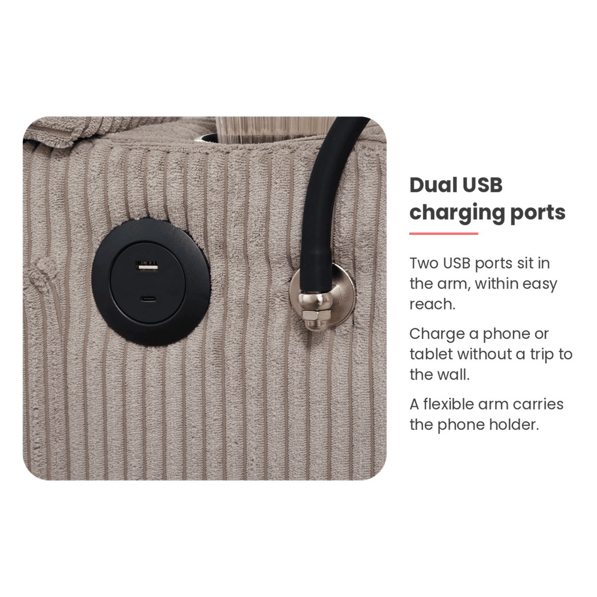 Dual USB charging ports feature of the convertible chaise lounge chair (feature callout)