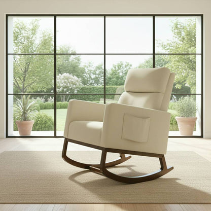 Cozy cream Adirondack rocker with a built-in storage pocket for books and phones; styled in a light-filled room for a minimalist aesthetic.