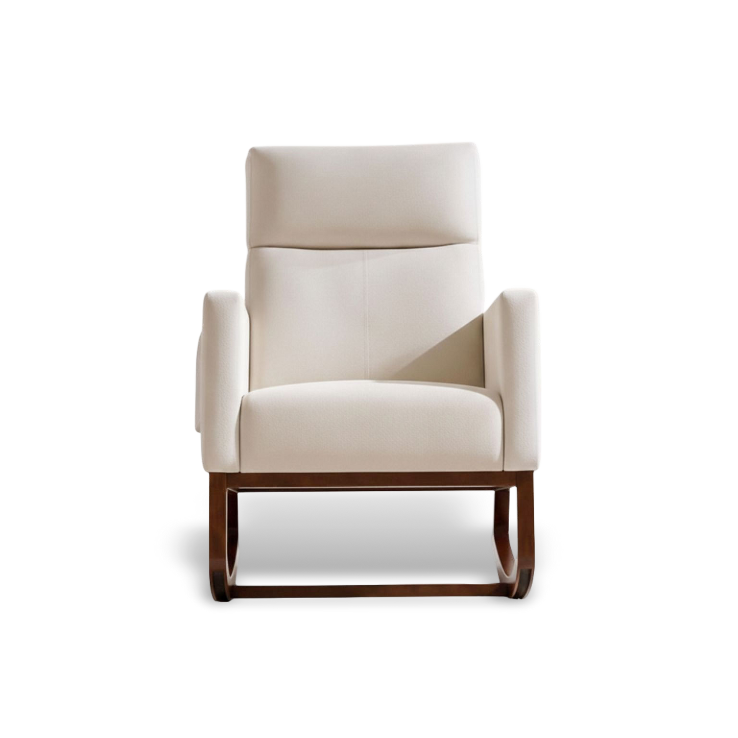 Cream Adirondack rocking chair with side pocket on a wooden base for cozy relaxation.