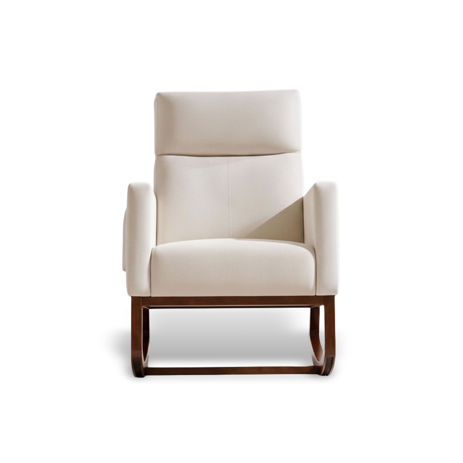 Cream Adirondack rocking chair with side pocket on a wooden base for cozy relaxation.