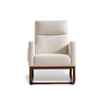 Cream Adirondack rocking chair with side pocket on a wooden base for cozy relaxation.