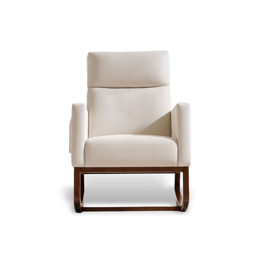 Cream Adirondack rocking chair with side pocket on a wooden base for cozy relaxation.